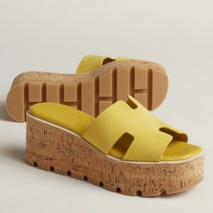 Hermes Eze 30 Cork Platform Sandals in Yellow Suede Leather 