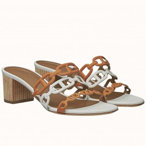 Hermes Tandem 50mm Sandals In Brown/White Lambskin