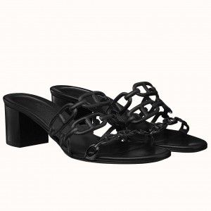 Hermes Tandem 50mm Sandals In Black Lambskin