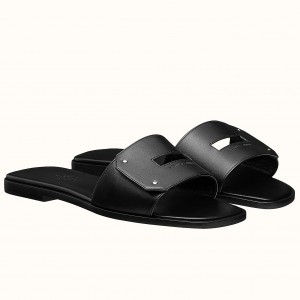 Hermes View Slide Sandals In Black Leather