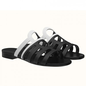 Hermes Camelia Slide Sandals In Black/White Calfskin