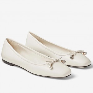 Jimmy Choo Elme Flats In White Leather with Pearl Embellishment