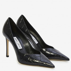 Jimmy Choo Cass 95mm Pumps in Black Croc-Embossed Leather