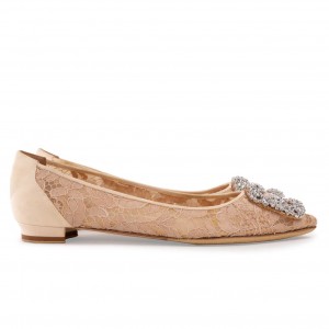 Manolo Blahnik Hangisi Flats In Nude Lace with Crystal Buckle