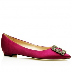 Manolo Blahnik Hangisi Flats In Bordeaux Satin with Crystal Buckle