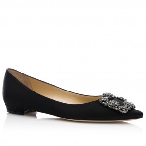 Manolo Blahnik Hangisi Flats In Black Satin with Crystal Buckle