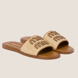 Miu Miu Women's Slides in Beige Raffia-effect Woven Fabric