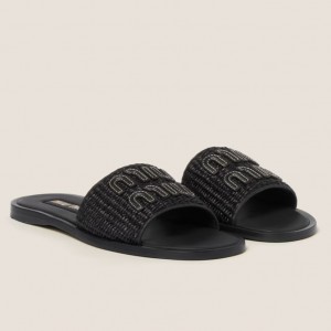 Miu Miu Women's Slides in Black Raffia-effect Woven Fabric