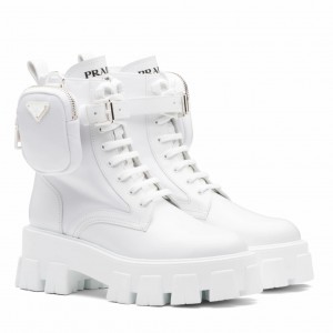 Prada Monolith Boots in White Leather and Nylon Fabric