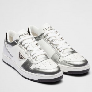Prada Men's Downtown Sneakers in White and Silver Leather