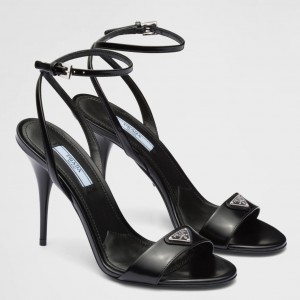 Prada Heel Sandals 85mm In Black Brushed Leather