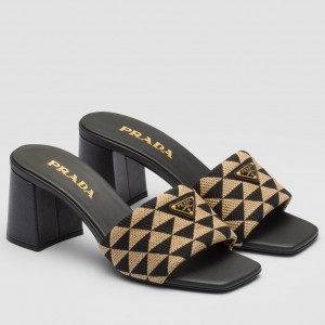 Prada Heeled Slide Sandals 65mm in Black and Beige Fabric 