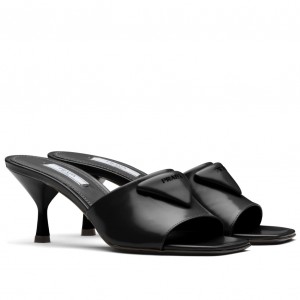 Prada Heeled Slide Sandals 65mm In Black Leather