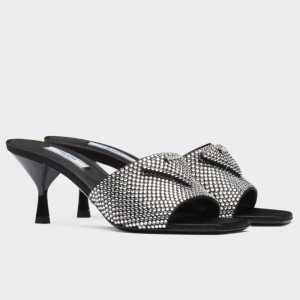 Prada Black Satin Heeled Sandals with White Crystals