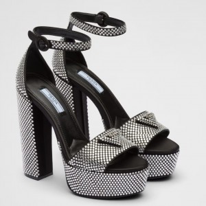 Prada Platform Sandals 135mm in Black Satin with Crystals