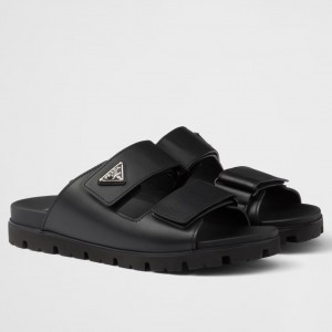 Prada Women's Strap Slides Sandals in Black Calfskin