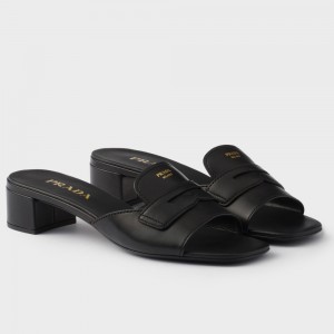 Prada Heeled Slides 35mm in Black Calfskin