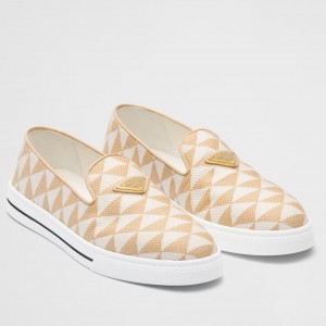 Prada Slip-on Sneakers in White/Beige Embroidered Fabric 