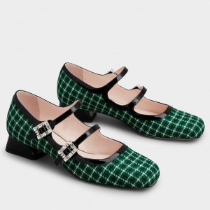 Roger Vivier Tres Vivier Strass Buckle Mini Babies Ballerinas in Green Fabric