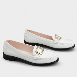 Roger Vivier Metal Buckle Morsetto Loafers in White Patent Leather