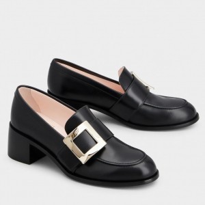 Roger Vivier Viv' Rangers Metal Buckle Loafers in Black Leather