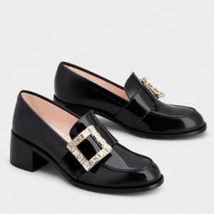 Roger Vivier Viv' Rangers Strass Buckle Loafers in Black Patent Leather