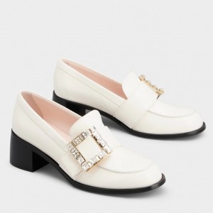 Roger Vivier Viv' Rangers Strass Buckle Loafers in White Patent Leather