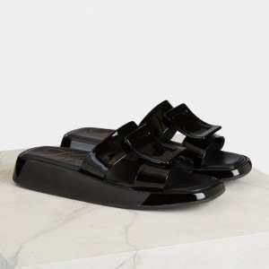 Roger Vivier Vivier Slide Covered Buckle Mules in Black Patent Leather