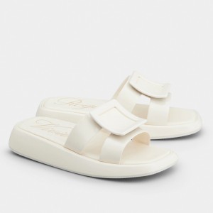 Roger Vivier Vivier Slide Covered Buckle Mules in White Patent Leather