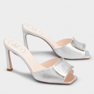 Roger Vivier Trompette Metal Buckle Mules in Silver Metallic Leather