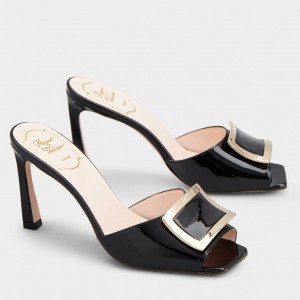 Roger Vivier Trompette Metal Buckle Mules in Black Patent Leather