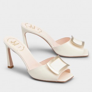 Roger Vivier Trompette Metal Buckle Mules in White Patent Leather