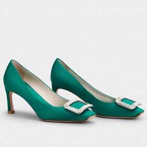 Roger Vivier Trompette Crystal Buckle Pumps in Green Satin