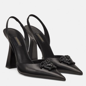 Versace La Medusa Slingback Pumps In Black Leather