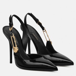 Versace Safety Pin Slingback Pumps In Black Patent Leather