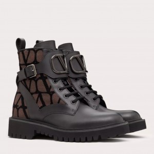 Valentino Vlogo Signature Combat Boots in Noir Toile Iconographe