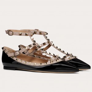 Valentino Caged Rockstud Ballet Flats In Black Patent Leather