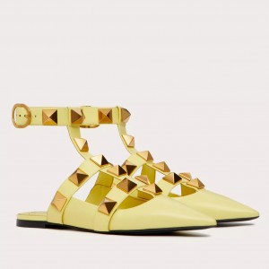 Valentino Roman Stud Ballet Flats In Yellow Calfskin