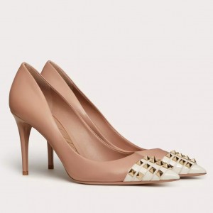 Valentino Beige Rockstud Pump 90mm with White Patent Toe Cap