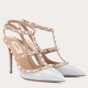 Valentino Rockstud Caged Pumps 100mm In Blue Patent Leather