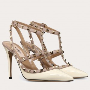 Valentino Rockstud Caged Pumps 100mm In White Patent Leather