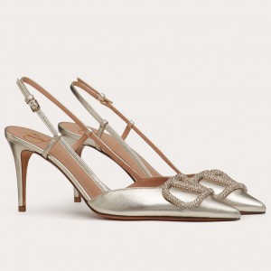 Valentino Vlogo Slingback Pumps 80mm In Platinum Lambskin