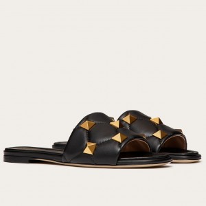 Valentino Roman Stud Flat Slides In Black Quilted Nappa
