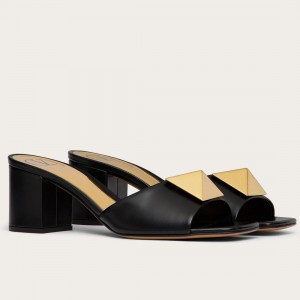 Valentino One Stud Slide Sandals 60mm In Black Calfskin