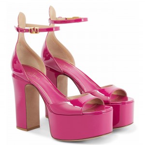 Valentino Tan-Go Platform Sandals 155mm In Rose Red Patent Leather