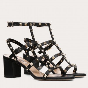 Valentino Rockstud Ankle Strap Sandals 60mm In Black Calfskin