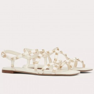 Valentino Rockstud Flat Sandals with Straps in White Leather 