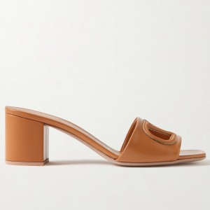 Valentino VLogo Cut-out Slide Sandals 60mm in Brown Leather