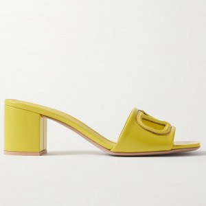 Valentino VLogo Cut-out Slide Sandals 60mm in Yellow Leather