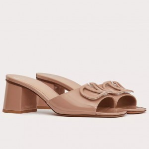 Valentino VLogo Slide Sandals 60mm in Rose Cannelle Patent Leather